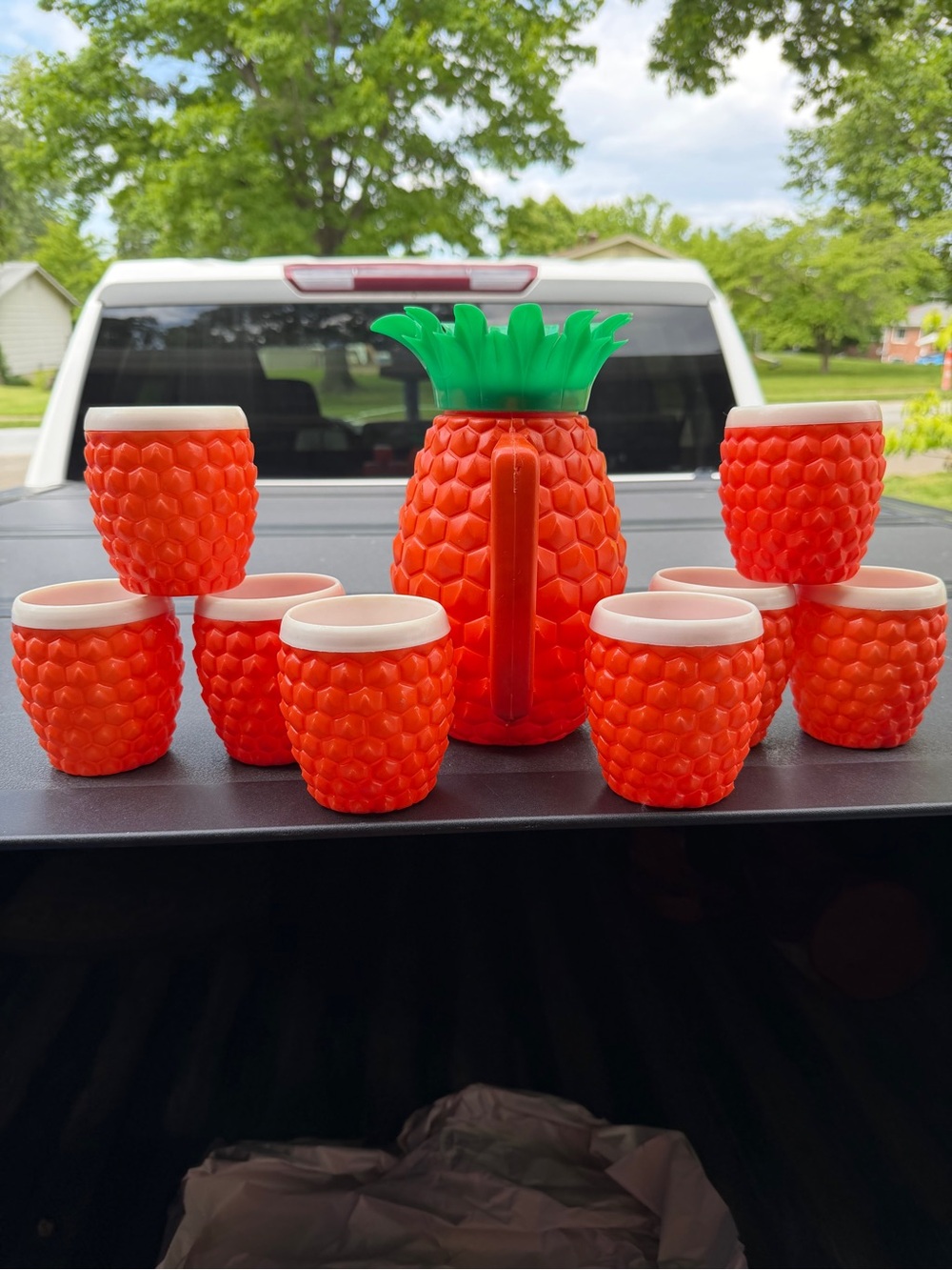 Vintage Orange Pineapple Pitcher and 8 Matching Cups Set